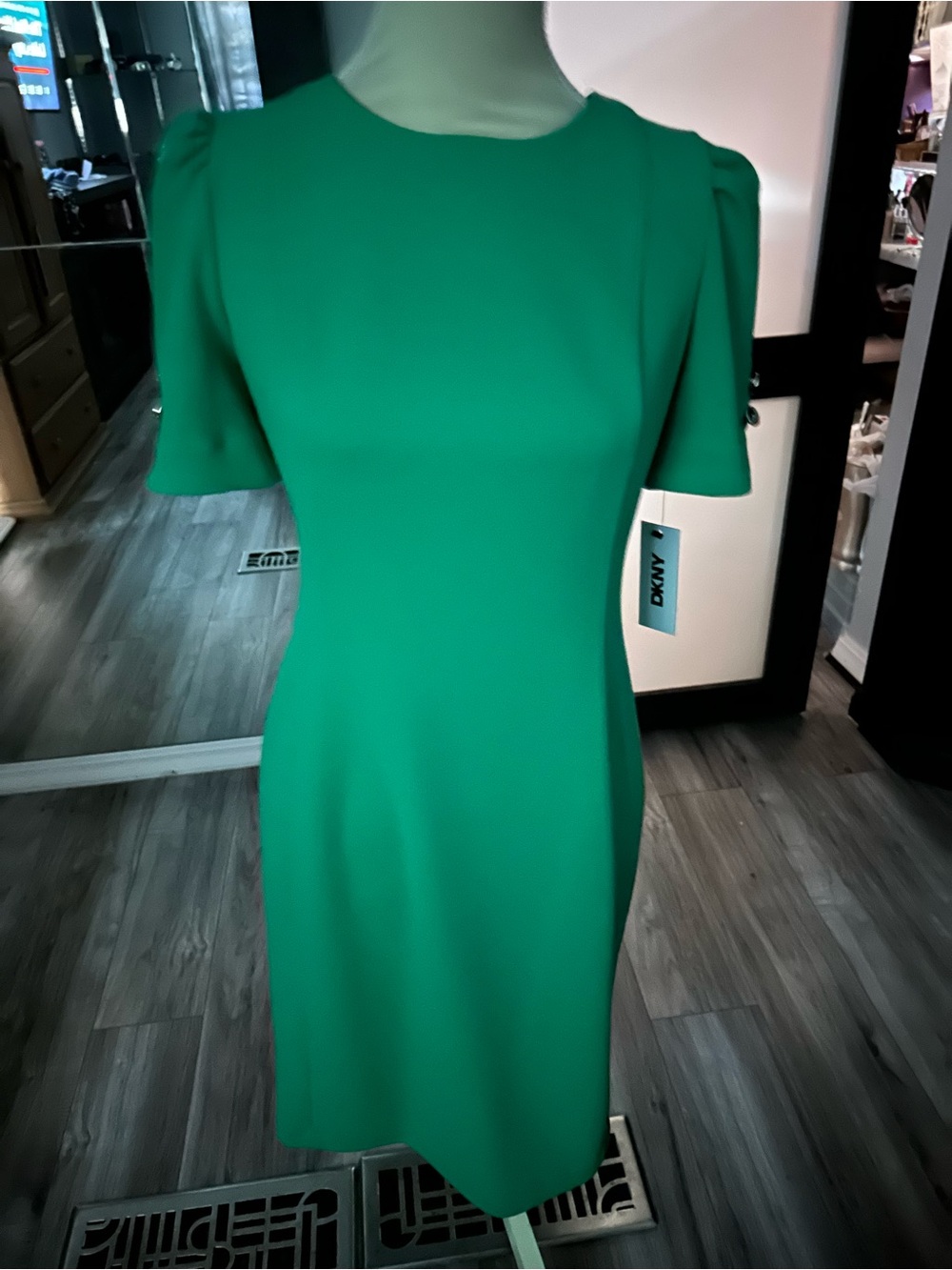 NWT DKNY 8 Emerald Green Sheath Scuba Fit Dress Puff Sleeve Wedding Bridal Work